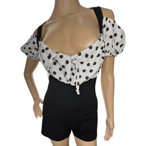 Fredrick's Vintage Black And White Pin Up Style Polkadot Off Shoulder Romper